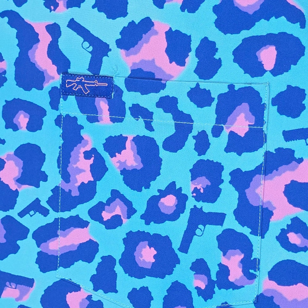 Retro Rifle Leopard Blue Pink Super Stretch Button Down Shirt Mens 4XL